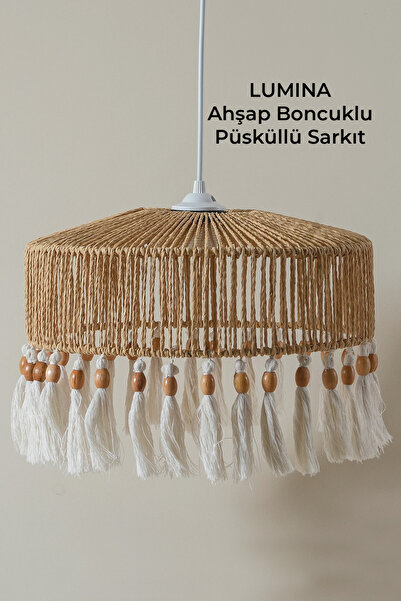 Marrien Lumina Ahşap Boncuklu Püsküllü Sarkıt Avize | Mutfak & Salon Aydınlatması