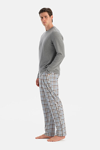 Eros Gri Melanj Dikiş Detaylı Waffle Tişört Pantolon Pijama Takımı