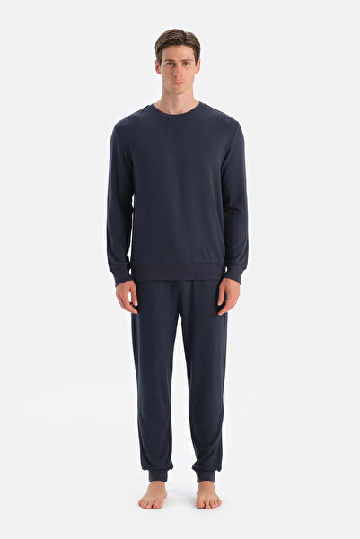 Eros Lacivert Dikiş Ve Bant Detaylı Uzun Kollu Tişört Pantolon Pijama Takımı