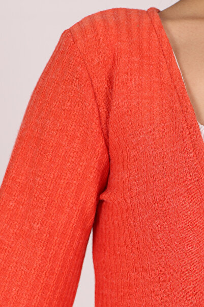 armonika Women's Orange V-Neck Soft Textured Tie-Front Knit Cardigan with Elasticated Sleeves Arm-26K001010