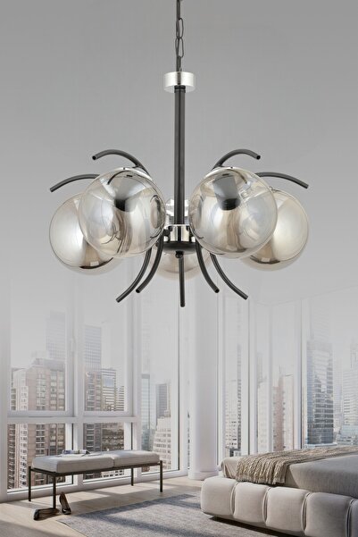 ESSLİGHT Yazgı 5 Li Sarkıt Avize Füme Glob Camlı Salon Yatak Odası Mutfak