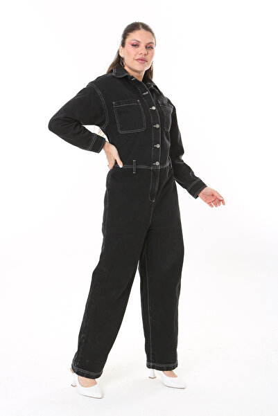 Şans Γυναικεία τζιν φόρμα 65N37723 με μεταλλικό κουμπί με ραφές μαύρου χρώματος