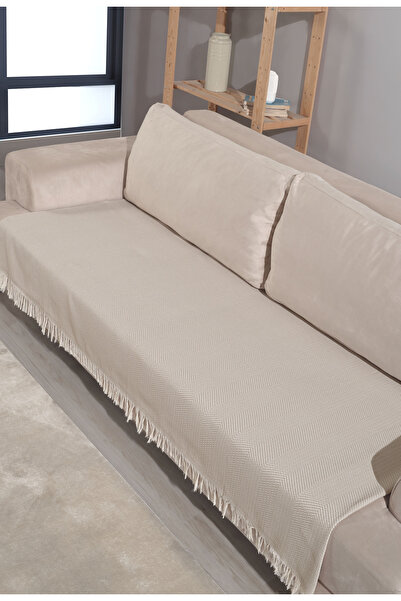 Miracolo Home Açık Bej Pamuklu Koltuk Örtüsü 115x200 Önden Saçaklı Çizgili Desenli