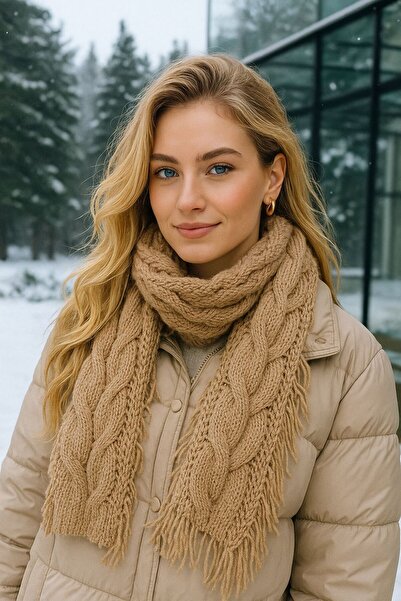 Axesoire 14810 Saçaklı Geniş Örgülü Bej Yumuşak Dokulu Triko Atkı 30x180 cm