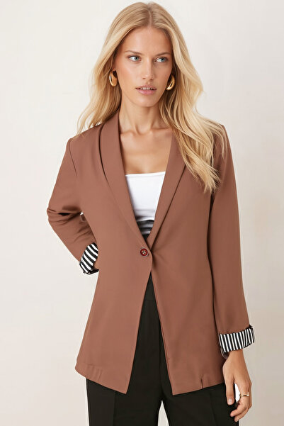 armonika Γυναικείο μπουφάν με μονό κουμπί με ριγέ μανίκι σκούρο βιζόν ARM-22K 001122