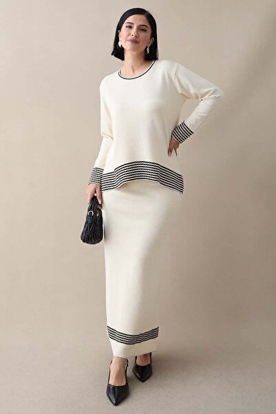 InStyle Ecru Suit with Piping Stripe Skirt