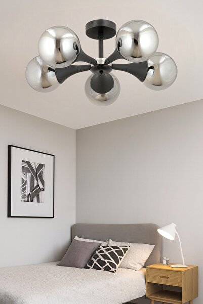 ESSLİGHT Eva 5 Li Plafonyer Avize Füme Glob Camlı Salon Yatak Odası Mutfak