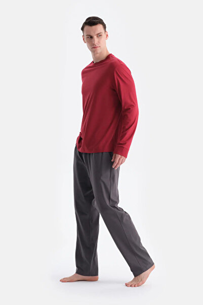 Eros Bordo Triko Bantlı Tişört Pantolon Takım