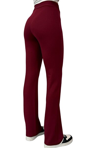 THIFF GYMWEAR Krep Kumaş Likralı Önü Çimalı Bordo Kadın Palazzo Pantolon