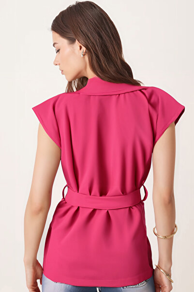 armonika Kadın Fuşya Erkek Yaka Beli Kuşaklı Keten Görünümlü Yelek ARM-25Y001079