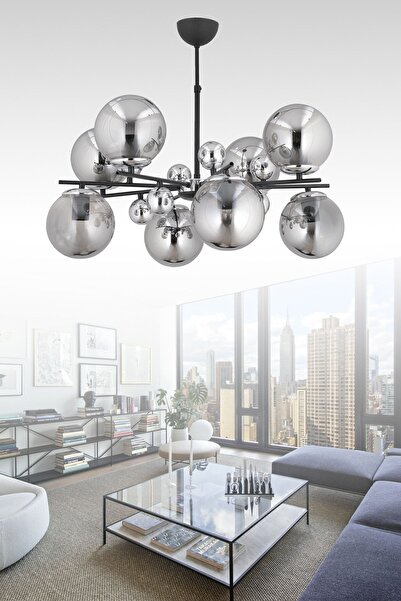 ESSLİGHT Melisa 8 Li Sarkıt Avize Füme Glob Camlı Modern Dekoratif Aydınlatma
