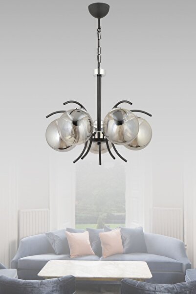 ESSLİGHT Yazgı 5 Li Sarkıt Avize Füme Glob Camlı Salon Yatak Odası Mutfak