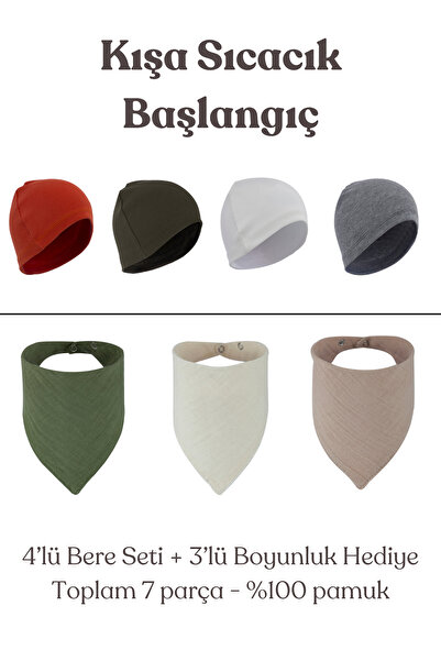 Damla Baby & Kids Cotton Beanie Set of 4 + 3 Neck Collars Gift Soft and Delicate