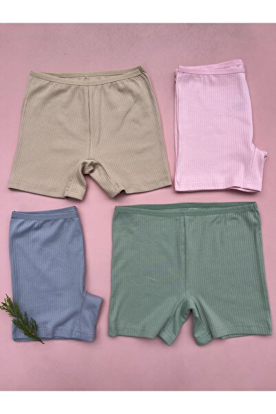 LEYNA BUTİK شورت نسائي مضلع من 4 قطع من القطن والليكرا (أزرق - وردي - بيج - أخضر)