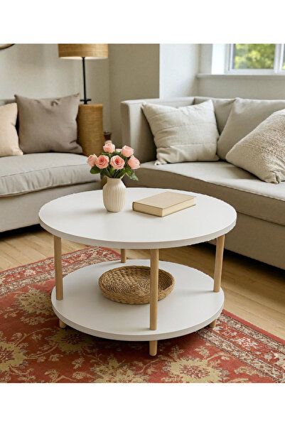 HESA Beyaz Orta Sehpa Doğal Ahşap Ayaklı Yüksek Kalite