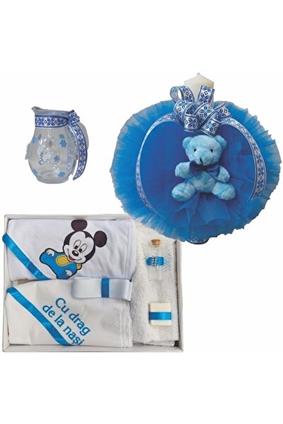 OEM Set Botez din Trusou 6 piese cu Mickey Bebe, Lumanare lungime 35 cm si Canta 0.5 L ornate albastru