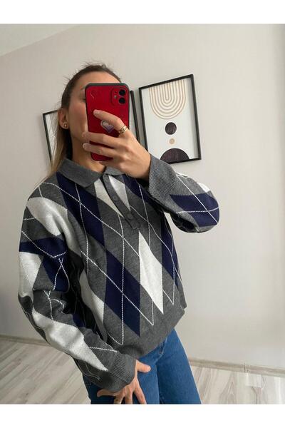 Askı Nişantaşı Navy Blue - Gray Polo Neck Three Button Diamond Patterned Knitwear
