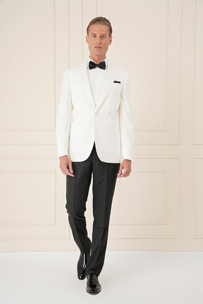 Efor Black 035 Slim Fit Saten Yaka Çift Yırtmaçlı Tek Düğmeli Krem Damatlık Smokin Ceket