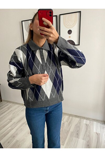 Askı Nişantaşı Navy Blue - Gray Polo Neck Three Button Diamond Patterned Knitwear