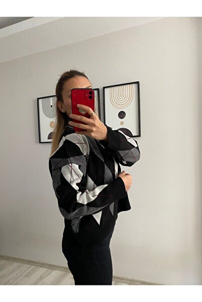 Askı Nişantaşı Black - Gray Polo Neck Three Button Diamond Patterned Knitwear