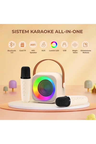 Timebox Set de boxe karaoke Bluetooth 5.0 cu 2 microfoane wireless, multifuncțional, 4 schimbări vocale magice