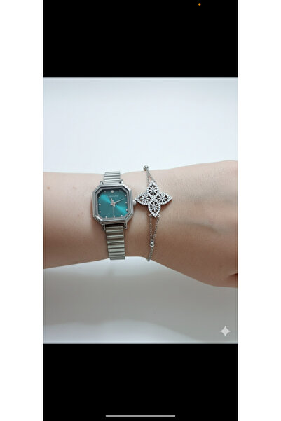 Yegane Kadın Petrol Yeşili Kadranlı Gümüş Rengi Sekizgen Kol Saati ve Yonca M...