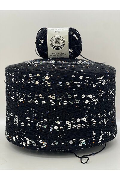 göçer Bag String / Knitting String 100% Black Cotton 3+6 Large Silver Sequins 50Gr X 2 =100Gr