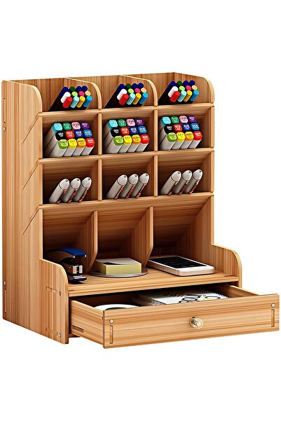 Genel Markalar Masaüstü Çapraz 9 Bölmeli Çekmeceli Kalemlik Akçaağaç Organizer