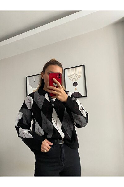 Askı Nişantaşı Black - Gray Polo Neck Three Button Diamond Patterned Knitwear