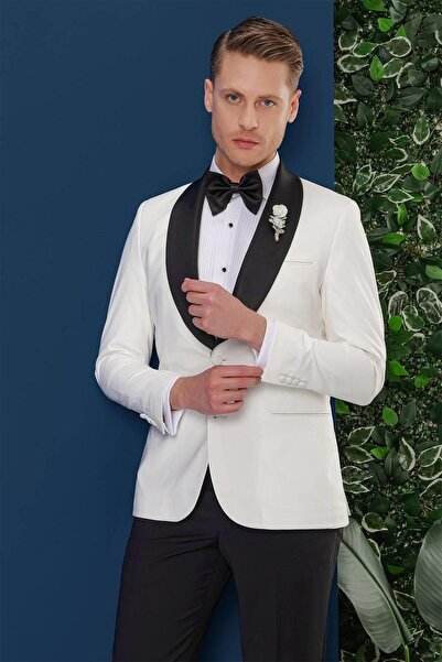 Efor Black 033 Slim Fit Fleto Cepli Saten Yaka Çift Yırtmaçlı Beyaz Damatlık Smokin Ceket