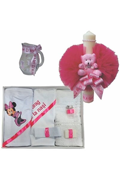 OEM Set Botez din Trusou cu 6 piesecu Minnie, Lumanare lungime 35 cm si Canta...