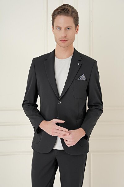 Efor Slim Fit Mono Yaka Çift Yırtmaç Torba Cep Casual Siyah Ceket C 697