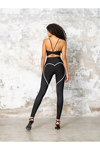 lismina Kalp Şeklinde Beyaz Biye Detaylı Siyah Spor Tayt