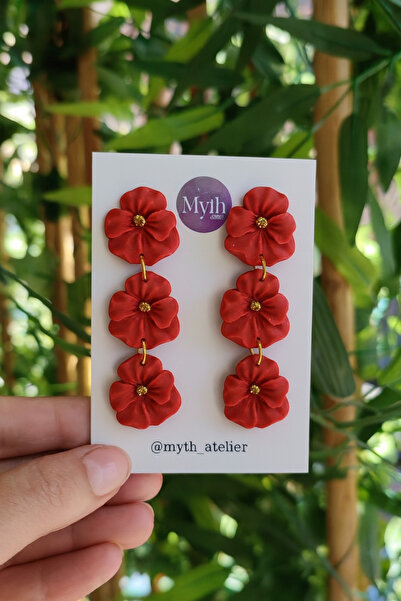 Atölye Myth Red Love El Yapımı Kırmızı Sallantılı Çiçek Küpe - Zarif ve Şık