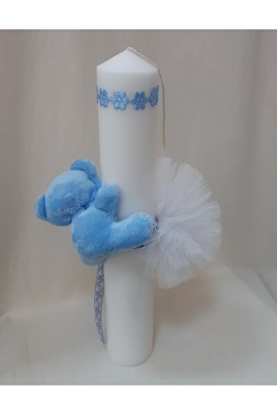 OEM Set Botez Lumânare lungime 35 cm și Canta 0.5 l ornate cu tull, ursulet si banda pe albastru și alb