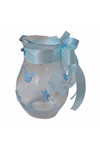 OEM Set Botez din Trusou 7 piese cu Mickey Bebe, Lumanare lungime 35 cm si Canta ornate pe alb cu bleu