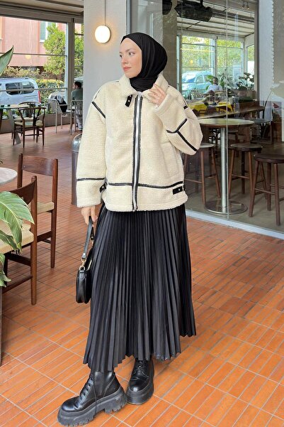 lamelif Шкіряна куртка для байкерів, екрю