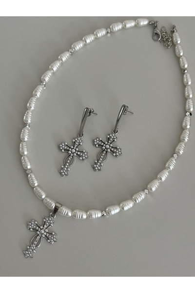 tones official Çelik Tepeli Gümüş Kaplamalı Haç Küpe