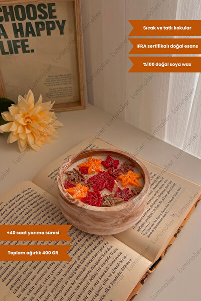 Luminolier Dekoratif Sonbahar Temalı Vanilya Kokulu Soya Mumu – El Yapımı %100 Doğal Vegan Mum - 11x5 cm