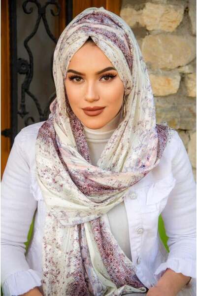 Aişe tesettür Mürdüm Ekru Desenli Hazır Şifon Şal