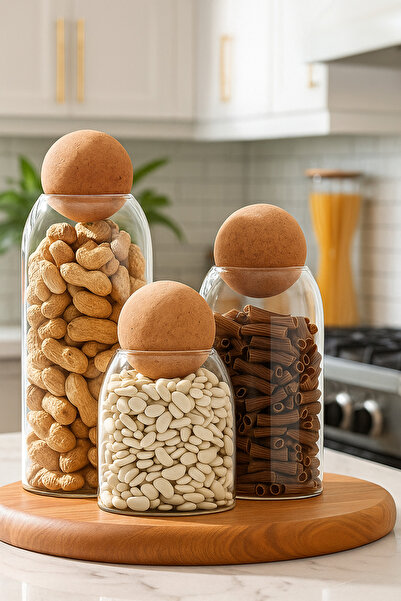 Kezze 3'lü Top Mantar Kapaklı Cam Kavanoz Ve Baharatlık Seti Lüks Saklama kabı