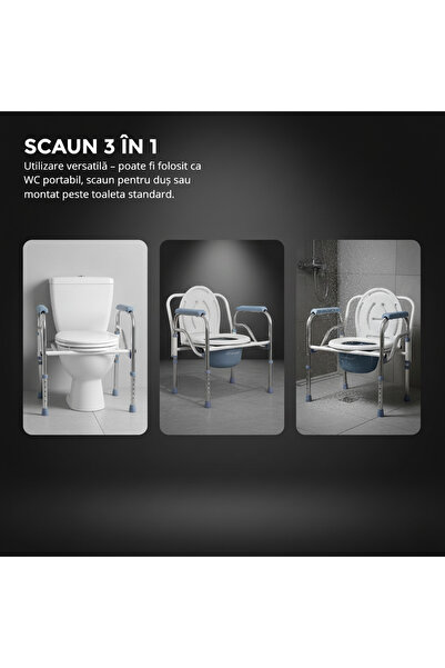 EvoSmart ™ Scaun de toaletă mobil Y01, înălțime reglabilă, oțel și oțel inoxidabil, alb