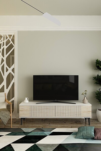 CENEYRA TSA1203BT - CORSATV120 TV STAND, TV SEHPASI BEYAZ-TRAVERTEN KAPAK 120CM