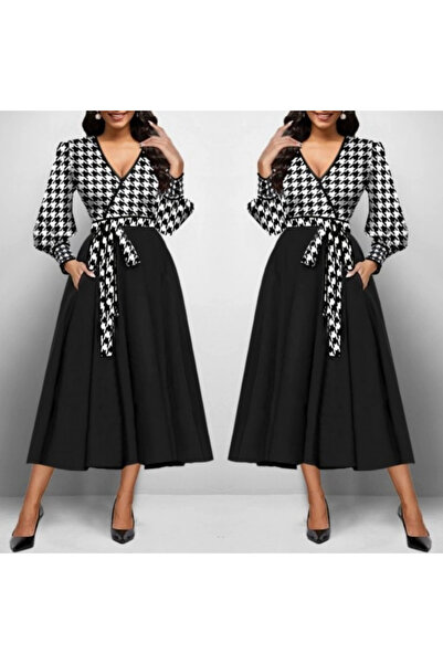 Wear Up Women's Long Sleeve Double Breasted Collar Plunging Crepe Midi Dress