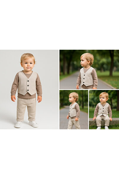 ConalBRT Erkek Çocuk Çizgili Yelekli 3’lü Takım – Pantolon & Sweatshirt & Yelek