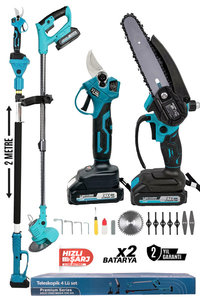 KİMMEER PLUS Profesyonel 4'lü set şarjlı makas testere tırpan ve teleskopik uzatma 30cm