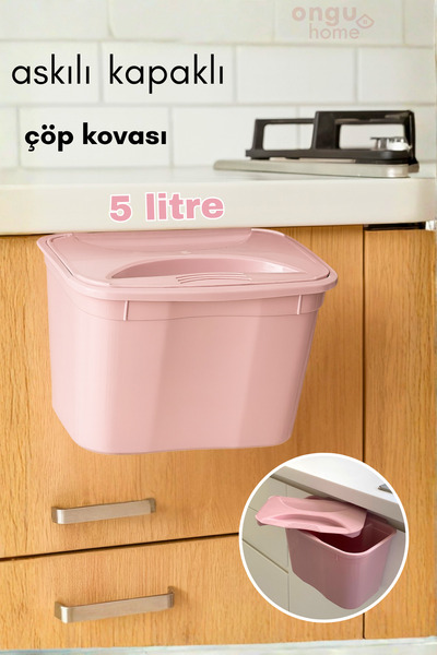 ongu home Askılı Çöp Kutusu Kapaklı Çöp Kutusu Pembe Çöp Kovası ( 5lt )