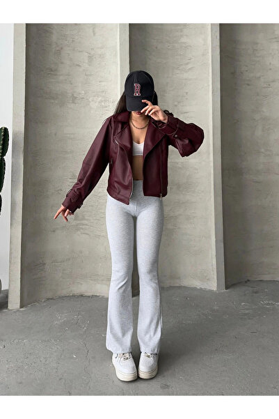 MEECY Faux Leather Wide Sleeve Bomber Jacket