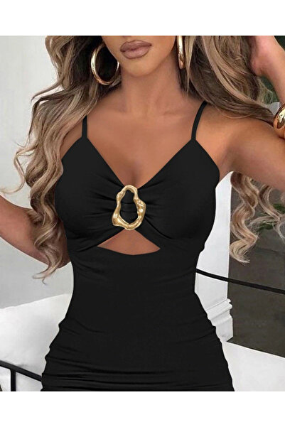 ARONA Women's Rope Strap Buckle Detailed Slit Janjan Crepe Dress