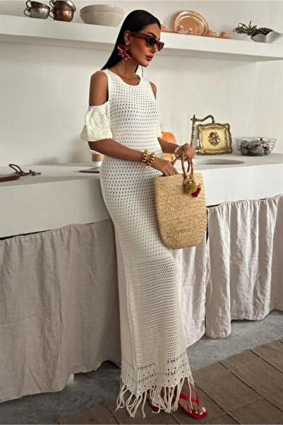 Lijuri Shoulder Detailed Hem Tasseled Knitwear Dress 2862